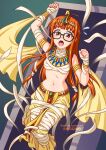  1girl armlet bandages black-framed_eyewear blunt_bangs bracelet breasts brown_eyes burbur commentary cosplay diadem egyptian_clothes english_commentary flying_sweatdrops glasses highres jewelry long_hair looking_at_viewer mummy navel open_mouth orange_hair paid_reward_available pelvic_curtain persona persona_5 restrained sakura_futaba shadow_futaba shadow_futaba_(cosplay) small_breasts solo stomach usekh_collar 
