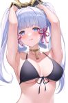  1girl alternate_hairstyle arms_up bare_shoulders bikini black_bikini blue_eyes blunt_bangs blush breasts collarbone commentary front-tie_bikini_top front-tie_top genshin_impact hair_ornament hair_ribbon highres kamisato_ayaka large_breasts licking_lips long_hair looking_at_viewer lunacle mole mole_under_eye ribbon simple_background solo swimsuit tassel tongue tongue_out tress_ribbon twintails underboob upper_body white_background 