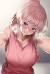  1girl blue_eyes blush breasts closed_mouth heavy_breathing huyumitsu large_breasts long_hair looking_at_viewer naughty_face original outstretched_arms pink_hair pink_shirt ponytail shirt sleeveless sleeveless_shirt smile solo sweat upper_body 