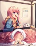  2022 2girls absurdres ahoge blanket blue_eyes blue_robe calendar_(object) closed_eyes cup eating fur_trim hair_ornament hairclip highres hood hoodie indoors kotatsu kuri_(animejpholic) laughing long_hair lying multiple_girls on_stomach open_mouth orange_hoodie orange_shirt original pink_hair robe shirt siblings sisters sitting smile table teacup teapot tears television under_kotatsu under_table 