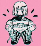  1girl bandaid bandaid_on_knee bandaid_on_leg crisalys expressionless frog heart_sticker highres layered_sleeves limited_palette long_sleeves looking_at_viewer no_nose original pink_background shoes short_over_long_sleeves short_sleeves simple_background sneakers solo sticker 