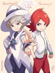  2boys alternate_color anniversary bangs bede_(champion)_(pokemon) bede_(pokemon) blonde_hair clenched_hand coat commentary_request copyright_name curly_hair grin hand_on_hip hat highres jacket kinocopro long_hair male_focus multiple_boys pants parted_lips pointing pokemon pokemon_(game) pokemon_masters_ex purple_eyes red_hair red_pants short_hair silver_(pokemon) smile teeth twitter_username watermark white_coat white_headwear white_jacket wizard_hat 