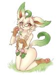  4_toes accessory anthro arm_tuft braided_hair braided_pigtails breasts brown_eyes brown_eyewear brown_glasses brown_hair brown_nose canid convenient_censorship digital_media_(artwork) eeveelution elbow_tuft eyelashes eyewear feet female female_anthro fingers flower flower_in_hair fur generation_4_pokemon glasses hair hair_accessory hi_res kneeling koto0v0haru leafeon long_hair mammal nintendo nude open_mouth pawpads pigtails pink_pawpads plant pokemon pokemon_(species) simple_background smile solo tail toes tongue tuft 