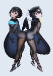  2girls :o ballet_slippers beleven bird_girl bird_tail bird_wings black_cape black_gloves black_hair black_headwear black_pantyhose black_shirt black_shorts black_sweater blue_eyes blue_footwear bow bowtie cabbie_hat cape dress frilled_shorts frills gloves hat head_wings highres kemono_friends kemono_friends_3 long_sleeves looking_at_viewer multiple_girls pantyhose shirt short_hair shorts sleeveless superb_bird-of-paradise_(kemono_friends) sweater sweater_dress tail western_parotia_(kemono_friends) white_footwear wings yellow_bow yellow_bowtie 