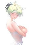  1girl after_bathing antlers arm_under_breasts back bare_shoulders blush braid braided_bangs branch breast_hold breast_lift breasts ceres_fauna comb covering floral_print grabbing_own_breast green_hair green_nails hair_ornament hand_on_own_chest highres hololive hololive_english large_breasts looking_at_viewer mole mole_under_eye multicolored_hair naked_towel nape nude nude_cover open_mouth prab see-through simple_background smile smug solo topless towel virtual_youtuber wet wet_towel white_background white_towel yellow_eyes 