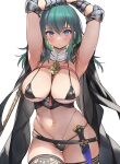  1girl absurdres armpits arms_up belt bikini black_bikini black_thighhighs blue_eyes blush breasts brooch byleth_(female)_(fire_emblem) byleth_(fire_emblem) cape dagger detached_collar fire_emblem fire_emblem:_three_houses gougasha_akira grey_hair highleg highleg_bikini highres jewelry knife large_breasts layered_bikini long_hair looking_at_viewer navel revealing_clothes simple_background solo swimsuit thighhighs weapon white_background 