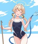  1girl ^_^ bare_shoulders black_one-piece_swimsuit blue_archive blush breasts broom brown_hair cameltoe closed_eyes cloud competition_swimsuit covered_navel cowboy_shot facing_viewer groin hifumi_(blue_archive) holding holding_broom holding_hose hose long_hair low_twintails one-piece_swimsuit open_mouth small_breasts smile solo special_cat swimsuit twintails water 