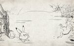  animal_focus arm_up arms_up closed_mouth commentary_request copy_ability falling fleeing frog full_body grass greyscale happy kirby kirby_(series) monochrome nade no_humans open_mouth outdoors outstretched_arms rabbit running scared sketch smile standing sumi-e 