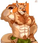  2023 abs absurd_res anthro arm_tuft armpit_hair armpit_tuft biceps body_hair bottomwear chest_tuft clothing countershading ear_tuft elbow_tuft flexing_bicep half_naked hi_res kangaroo macropod male mammal marsupial moshihun muscular muscular_male neck_tuft pecs pubes shirtless_anthro shirtless_male shorts smile smiling_at_viewer smirk smirking_at_viewer solo tuft whiskers 