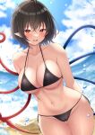  1girl ahoge asymmetrical_wings beach bikini black_bikini black_hair blue_wings blush breasts collarbone cowboy_shot fang groin highres houjuu_nue large_breasts navel ocean open_mouth pointy_ears red_eyes red_wings reijing_etrn short_hair solo swimsuit touhou wet wings 