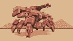  battle_of_titans brown_theme extra_legs fusion highres ironbeta mecha mechanical_legs mechanical_parts mountain mountainous_horizon naval_guns nelly_(battle_of_titans) pixel_art robot rocket_launcher science_fiction sepia tagme tirpitz_(battle_of_titans) walker weapon 