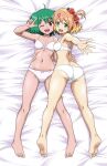  2girls ;d \n/ arm_around_waist ass ass_visible_through_thighs back barefoot bed_sheet blonde_hair bow bow_bra bow_panties bra breasts commission crotch_seam freyja_wion from_above green_eyes green_hair hair_bow hair_ornament heart heart_hair_ornament highres lace-trimmed_bra lace-trimmed_panties lace_trim lying macross macross_delta macross_frontier multiple_girls navel on_back on_bed on_stomach one_eye_closed one_side_up panties ranka_lee reaching reaching_towards_viewer red_bow red_eyes series_connection short_hair short_twintails skeb_commission small_breasts smile trefoil twintails underwear underwear_only vierosky white_panties 