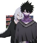  2boys ametaro_(ixxxzu) black_hair black_hoodie black_sweater blue_eyes boku_no_hero_academia burn_scar cheek_piercing dabi_(boku_no_hero_academia) grey_hair highres hood hoodie male_focus medium_hair multiple_boys multiple_scars red_eyes scar scar_on_face shigaraki_tomura short_hair simple_background spiked_hair staple stapled sweater white_background wrinkled_skin 