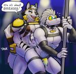  60percentscalie anthro armwear backwards_cap bulge canid canine clothing collar dialogue dragon duo english_text fingerless_gloves gloves handwear harness jockstrap latex latex_armwear latex_clothing male mammal pole speech_bubble spiked_collar spikes stripper_pole text underwear yellow_sclera 