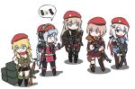  5girls 9a-91 9a-91_(girls&#039;_frontline) ak-47 ak-47_(girls&#039;_frontline) ak-74m ak74m_(girls&#039;_frontline) armedshipyard assault_rifle beret blonde_hair blue_eyes boots braid brown_hair cape chibi dress ear_protection full_body girls&#039;_frontline gloves goggles goggles_on_head grey_hair grin gun hair_ornament hat holding holding_gun holding_weapon kalashnikov_rifle long_hair machine_gun multiple_girls necktie ots-12 ots-12_(girls&#039;_frontline) pantyhose purple_eyes red_headwear red_scarf rifle rpd rpd_(girls&#039;_frontline) scarf short_hair shorts simple_background sling smile spoken_symbol star_(symbol) star_hair_ornament thighhighs weapon white_background 