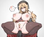  1girl anal bar_censor black_thighhighs blonde_hair breasts censored closed_mouth commentary female_pubic_hair grey_background headdress heart highres huge_breasts junko_(touhou) long_hair looking_at_viewer mosaic_censoring naked_tabard nipples penis pubic_hair pussy red_eyes simple_background smile spoken_heart squatting tabard thighhighs touhou wolf_walter0709 