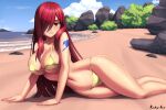  1girl arm_support arm_tattoo artist_name beach bikini blue_sky breasts brown_eyes bush cloud day erza_scarlet fairy_tail feet_out_of_frame gold_bikini hair_over_one_eye highres large_breasts long_hair looking_at_viewer lying navel ocean on_side outdoors parted_lips red_hair rock rocky-ace sand sky solo stomach swimsuit tattoo tree very_long_hair wet 
