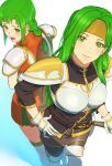  2girls aduti_momoyama armor back-to-back belt black_pantyhose boobplate boots braid breasts brown_belt brown_headband brown_skirt closed_mouth dress fire_emblem fire_emblem:_the_sacred_stones furrowed_brow gloves gold_trim green_eyes green_hair hand_on_own_hip headband high_collar highres long_hair looking_at_another looking_at_viewer looking_back medium_breasts multiple_girls o-ring o-ring_belt open_mouth orange_dress pantyhose pauldrons pegasus_knight_uniform_(fire_emblem) pink_lips polearm short_dress shoulder_armor siblings simple_background single_braid sisters skirt smile spear standing syrene_(fire_emblem) thigh_boots thighhighs vanessa_(fire_emblem) weapon white_armor white_background white_gloves white_thighhighs 