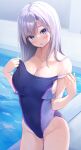  1girl :o absurdres bare_shoulders blue_eyes blue_one-piece_swimsuit blush breasts cleavage clothes_pull collarbone commentary_request competition_swimsuit hair_between_eyes head_tilt highres large_breasts long_hair looking_at_viewer one-piece_swimsuit one-piece_swimsuit_pull open_mouth original pasdar pool poolside sidelocks solo standing swimsuit wet white_hair 