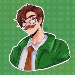  1boy artist_name brown_eyes brown_hair brown_necktie facial_hair glasses green_background green_jacket harvey_(stardew_valley) highres jacket male_focus mustache necktie shirt short_hair siropeart solo stardew_valley white_shirt 