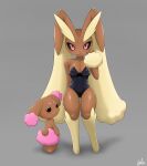  absurd_res anthro biped black_sclera blush breasts brown_eyes buneary clothing duo evolutionary_family female front_view generation_4_pokemon grey_background hi_res kalu_(pixiv) looking_at_viewer looking_back lopunny medium_breasts nintendo pink_eyes pokemon pokemon_(species) rear_view shiny_pokemon simple_background smile 