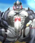  abs anthro anus censored clothing dragon erection genitals giansar grey_body hi_res horn lifewonders live_a_hero male muscular muscular_anthro muscular_male nipples pecs penis pixelated solo thong underwear yom_mido_plus 