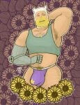  1boy absurdres adventure_time aged_up armpits bara baraboy beard blonde_hair bulge chest_tattoo covered_penis cropped_legs cropped_shirt facial_hair finn_the_human flower highres large_bulge large_pectorals looking_to_the_side male_focus male_underwear mature_male mechanical_arms muscular muscular_male navel navel_hair pectorals purple_male_underwear seductive_smile short_hair sideways_glance single_mechanical_arm smile solo stomach sunflower tattoo thick_eyebrows underwear 
