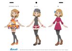  1girl blonde_hair blue_eyes boots brown_footwear collarbone collared_dress copyright_name dress earrings eyelashes grey_headwear grey_vest hat jewelry medium_hair mixed-language_commentary multiple_views noelia_ponce off-shoulder_shirt off_shoulder official_style orange_footwear orange_skirt pantyhose pink_dress pleated_skirt pokemon pokemon_(anime) pokemon_journeys red_skirt serena_(pokemon) shirt shoes shorts skirt standing thighhighs translation_request vest watermark white_background white_shirt wrist_cuffs 
