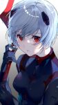  1girl ayanami_rei blue_hair blush bodysuit closed_mouth evangelion:_3.0+1.0_thrice_upon_a_time grey_background hair_between_eyes holding holding_weapon light_blue_hair looking_at_viewer miwano_rag multicolored_background neon_genesis_evangelion rebuild_of_evangelion red_eyes short_hair solo weapon white_background 