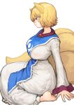  1girl absurdres animal_ears barefoot blonde_hair blue_tabard blush breasts chanta_(ayatakaoisii) dress fox_ears fox_tail highres large_breasts long_sleeves no_headwear profile short_hair simple_background soles solo tabard tail toes touhou white_background white_dress yakumo_ran 