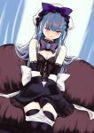  1girl blue_hair blunt_bangs breasts commentary_request culter detached_collar detached_sleeves gothic_lolita grey_hair lolita_fashion long_hair maid maid_headdress multicolored_hair original panties panty_pull purple_eyes sidelocks sitting small_breasts smile solo streaked_hair thighhighs two-tone_hair underwear white_panties 