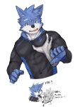  abs absurd_res anthro asleepchef biceps blue_body blue_eyes canid clothing domestic_cat duo felid feline felis grey_body hair hi_res lucky_skebe male male/male mammal multicolored_body muscular muscular_male pec_grab pecs shirt surprise topwear 