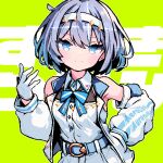  1girl armpits belt blue_belt blue_bow blue_bowtie blue_eyes blue_hair blush bob_cut bow bowtie cevio chain character_name closed_mouth collared_shirt commentary_request contrapposto demusato_(udmp) detached_sleeves gloves gold_chain green_background hairband halftone hand_in_pocket hand_on_own_hip hand_up head_tilt highres jacket long_sleeves looking_at_viewer open_clothes open_jacket pixel_art puffy_long_sleeves puffy_sleeves quilted_clothes ribbed_shirt shirt short_hair shorts sleeveless sleeveless_jacket smile solo suzuki_tsudumi text_background upper_body white_gloves white_hairband white_jacket white_shirt white_shorts 