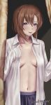  1girl absurdres artist_name blue_eyes blue_skirt breasts brown_eyes brown_hair closed_mouth collarbone collared_shirt commission curtains highres higurashi_no_naku_koro_ni long_sleeves looking_at_viewer navel open_clothes open_shirt out_type_(outtypeex) ryuuguu_rena school_uniform shirt short_hair skeb_commission skirt sleeves_past_wrists smile solo standing sweat tongue tongue_out twitter_username watermark white_shirt 