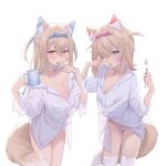  2girls absurdres animal_ear_fluff animal_ears blonde_hair blue_eyes blue_headband breasts brushing_teeth choker cleavage colored_inner_animal_ears cropped_legs cup dog_ears dog_girl dog_tail double-parted_bangs fang fuwawa_abyssgard hairband headband highres holding holding_cup hololive hololive_english large_breasts long_hair looking_at_viewer midori_xu mococo_abyssgard mug multicolored_hair multiple_girls naked_shirt one_eye_closed open_clothes open_mouth open_shirt panties pantyshot pink_eyes pink_hair pink_hairband pink_headband shirt sidelocks simple_background skin_fang standing streaked_hair tail thighhighs thighs toothbrush two_side_up underwear virtual_youtuber white_background white_choker white_panties white_thighhighs 