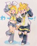  &gt;_&lt; 1boy 1girl :d bare_shoulders bass_clef black_leg_warmers black_sailor_collar black_shorts black_sleeves blonde_hair blush_stickers bow brother_and_sister chibi detached_sleeves grey_leg_warmers grey_sailor_collar grey_shorts grey_sleeves hair_bow hair_ornament hairclip kagamine_len kagamine_rin leg_up leg_warmers locked_arms marker_(medium) midriff navel neckerchief necktie open_mouth osyake0921 sailor_collar sailor_shirt shirt shoes short_hair shorts siblings sleeveless sleeveless_shirt smile traditional_media treble_clef twins v vocaloid w white_bow white_footwear xd yellow_neckerchief yellow_necktie 