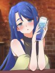  1girl :o alcohol black_dress blue_eyes blue_hair blurry blurry_background blush commentary cup depth_of_field dress drunk echieichi elbow_rest half-closed_eyes head_tilt highres holding holding_cup indoors jewelry kibou_no_chikara_~otona_precure_&#039;23~ looking_at_viewer minazuki_karen necklace open_mouth precure shawl sleeveless sleeveless_dress solo yes!_precure_5 