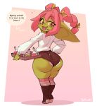  big_butt big_ears borvar butt clothing dialogue female goblin green_body green_skin hair hi_res humanoid humanoid_pointy_ears looking_at_viewer looking_back open_mouth pink_eyes pink_hair potion pupils signature smile solo speech_bubble standing text thick_thighs unusual_pupils yellow_sclera 