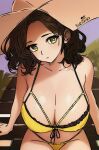 1girl bare_shoulders bikini breasts brown_hair cleavage curly_hair hat highres large_breasts looking_at_viewer non-web_source panties siting solo swimsuit underwear yellow_eyes 