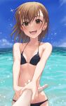 1girl absurdres bikini black_bikini blue_sky blush breasts brown_eyes brown_hair cleavage collarbone faceless faceless_male groin hair_ornament hairclip highres holding_hands k3rd looking_at_viewer misaka_mikoto ocean open_mouth parted_bangs pov short_hair sky small_breasts smile solo sparkle stomach sunlight swimsuit toaru_kagaku_no_railgun toaru_majutsu_no_index upper_body water water_drop 