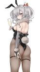  1girl alternate_costume animal_ears ass black_leotard blue_eyes breasts bridal_gauntlets champagne_flute chigasaki_yukari cup drinking_glass feet_out_of_frame fur_scarf grey_hair highres kantai_collection kashima_(kancolle) leotard looking_at_viewer looking_back medium_breasts pantyhose playboy_bunny rabbit_ears rabbit_tail sidelocks simple_background solo standing strapless strapless_leotard tail twintails wavy_hair white_background 