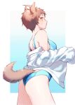  1girl ahoge amido_(compassion273) animal_ears ass bare_shoulders blue_one-piece_swimsuit blush brown_eyes closed_mouth cowboy_shot danganronpa_(series) danganronpa_2:_goodbye_despair dog_ears dog_girl dog_tail from_side genderswap genderswap_(mtf) gradient_background highres hinata_hajime jacket long_sleeves official_alternate_costume one-piece_swimsuit profile shiny_skin solo swimsuit tail wet white_background white_jacket 