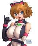  1girl amania_orz black_gloves breasts brown_hair covered_navel elbow_gloves fumina_avatar gloves green_eyes gundam_build_metaverse hair_between_eyes large_breasts looking_at_viewer medium_hair open_mouth ponytail simple_background sleeveless smile solo tongue upper_body white_background 