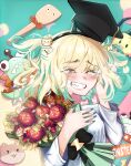  1girl aloidesu amano_pikamee black_bow black_hairband black_headwear blonde_hair bouquet bow clenched_teeth closed_eyes commentary double_bun english_commentary flower green_background green_hair green_nails hair_between_eyes hair_bun hairband hat highres holding holding_bouquet mortarboard multicolored_hair off-shoulder_shirt off_shoulder peony_(flower) sharp_teeth shirt short_hair smile spatula tearing_up teeth tomoe_(amano_pikamee) two-tone_hair upper_body virtual_youtuber voms white_shirt 