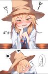  1girl absurdres blush brown_headwear cup dress drunk hand_on_own_chin hat head_rest highres holding holding_cup light_brown_hair long_hair long_sleeves looking_at_object moriya_suwako open_mouth potato_(comicomi0211) sleeping solo touhou translation_request white_dress wide_sleeves yellow_eyes zzz 