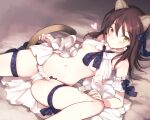  1girl animal_ears bow breasts brown_hair cat_ears cat_girl cat_tail cleavage detached_sleeves eleonore_giovanna_gassion green_eyes heart long_hair looking_at_viewer luminous_witches navel necktie open_clothes open_shirt panties polka_dot polka_dot_bow shimada_fumikane tail thigh_strap underwear white_panties world_witches_series 