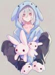  1boy animal_slippers anoko_(darenokoanoko) black_pants blue_hoodie boku_no_hero_academia highres hood hood_up hoodie looking_at_viewer male_focus medium_hair pants red_eyes scar scar_on_face shigaraki_tomura slippers solo stuffed_animal stuffed_rabbit stuffed_toy white_hair wrinkled_skin 