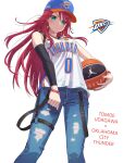  1girl ball bang_dream! basketball basketball_(object) basketball_uniform blush denim highres jeans long_hair looking_at_viewer national_basketball_association oklahoma_city_thunder pants pink_hair red_hair russell_westbrook solo sportswear udagawa_tomoe yazawa_happyaro 