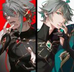  1boy alhaitham_(genshin_impact) black_gloves black_shirt cape chest_jewel compression_shirt gem genshin_impact gloves gold_trim green_cape green_eyes green_gemstone grey_hair hair_over_one_eye highres large_pectorals long_sleeves looking_at_viewer male_focus mandarin_collar multiple_views official_alternate_eye_color parted_lips partially_fingerless_gloves pectorals red_eyes red_gemstone shirt short_hair shoulder_cape srro_yo 