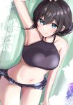  1girl arm_up armpits ban_(puka_0507) bikini black_bikini black_hair blush breasts collarbone highres idolmaster idolmaster_cinderella_girls large_breasts looking_at_viewer navel sagisawa_fumika smile solo swimsuit 